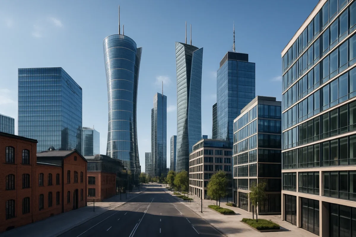 Panorama nowoczesnych biurowców w Warszawie z przeszklonymi fasadami w centrum biznesowym miasta.