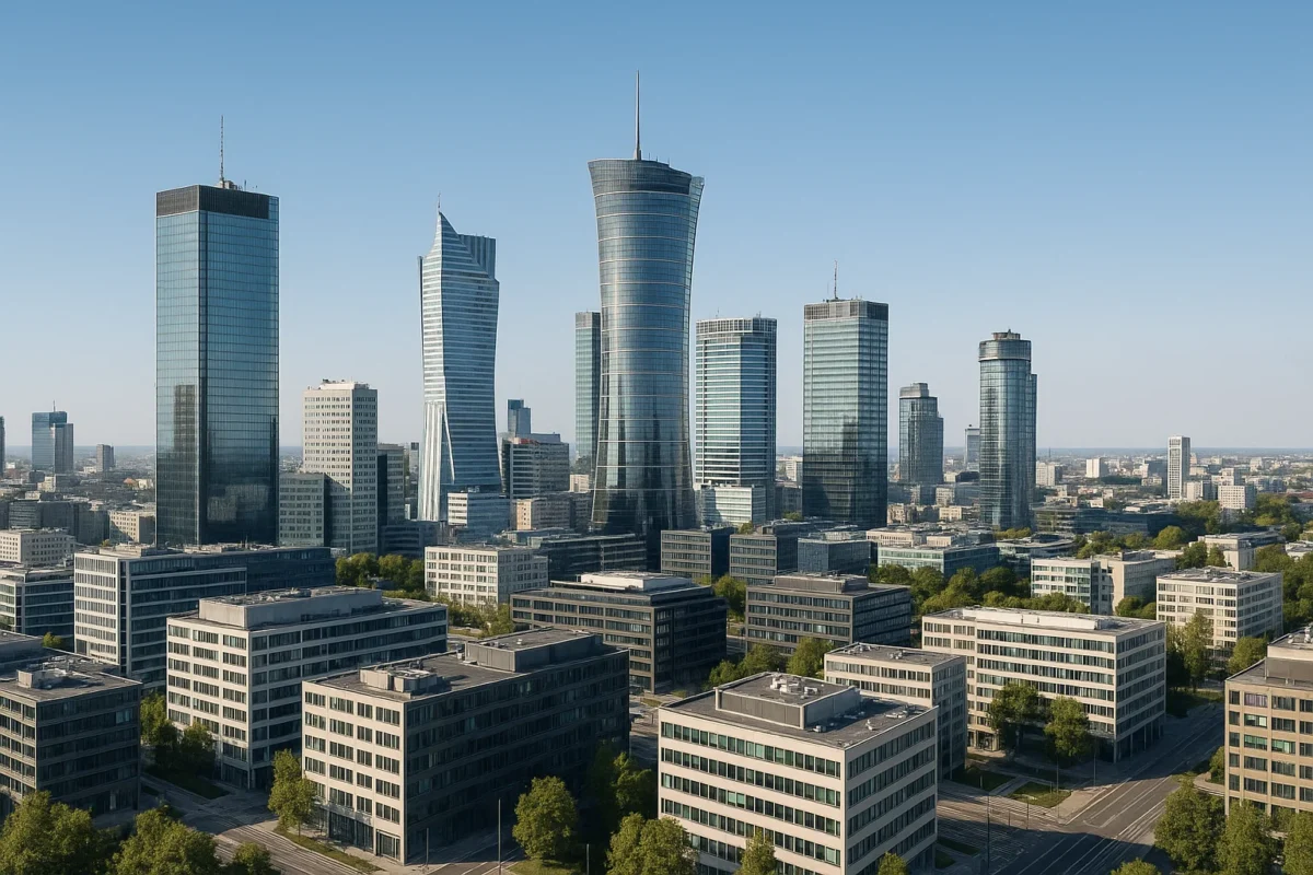 Panorama warszawskich dzielnic biurowych: CBD z Rondo 1, nowoczesna Wola z Warsaw Spire i kompleksy biurowe Mokotowa.