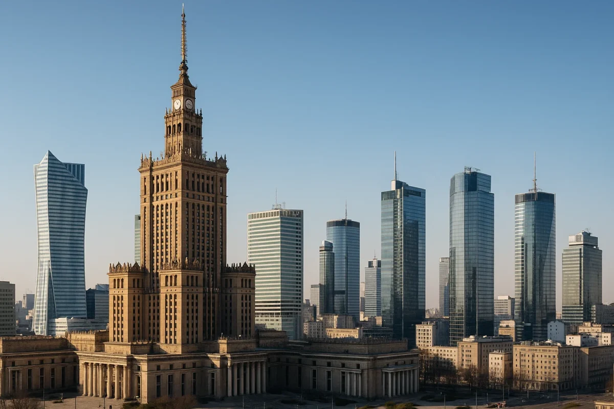 Panorama Warszawy ukazująca kontrast między Pałacem Kultury a nowoczesnymi biurowcami.
